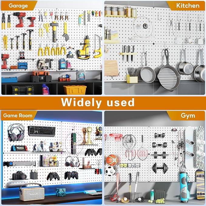 Peg Board, 84pcs Metal Pegboard Kit, Includes 4 Pack 24''X12'' Large White Peg Board with Accessories and Hook Locks, Heavy Duty Peg Boards for Walls Home, Garage Tool Storage, Workbench