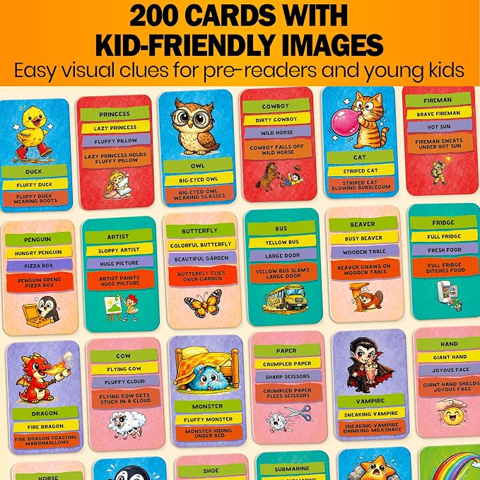 Charades Games for Kids 8-12 and Adults - Family Board Game for Kids 6-8 | 200 Acting and Explaining Cards with Timer - Express & Guess - Fun Card Games for Family Night and Travel