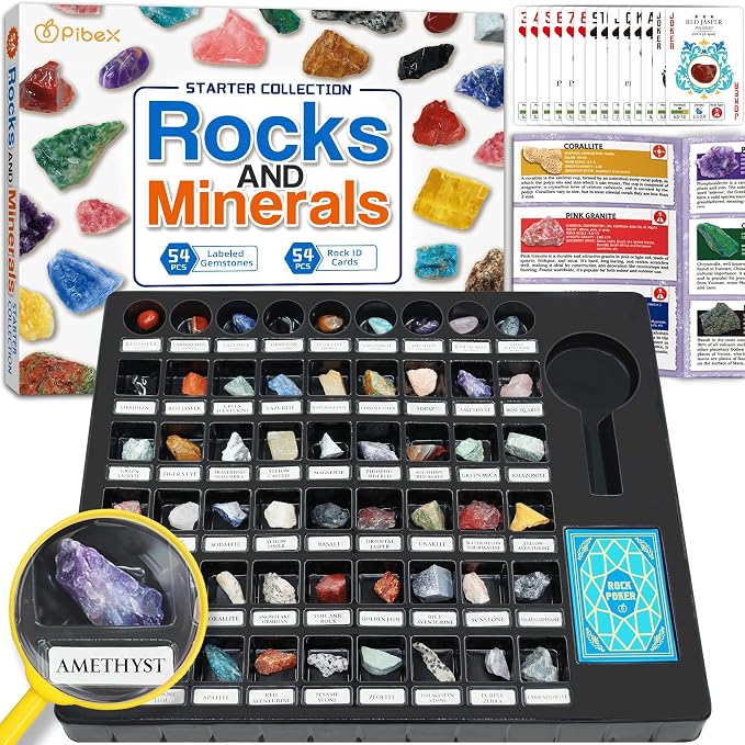 PIBEX Rock Collection Starter Kit, 54 Rocks & Minerals with Name Labels | 9 Polished Gems, 45 Crystals & Stones, Rock ID Cards, Learning Book, Collector Storage Box, Geology Gift for Kids Ages 8+