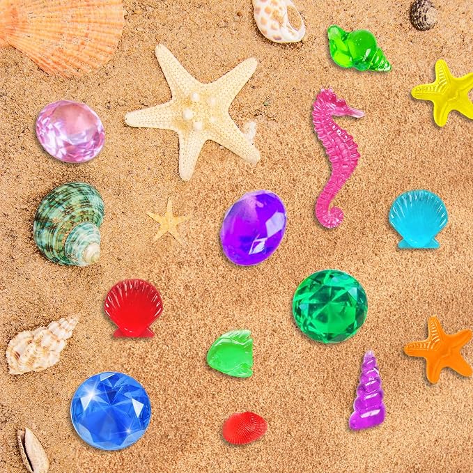 60Pcs Sea Shell Diving Gem Toys 1.57in Large Acrylic Plastic Diamond | 15 Pcs Colorful Gems 45+ Pcs Fake Seashells for Kids Mermaid Pool Party Favors, Pirate Treasure