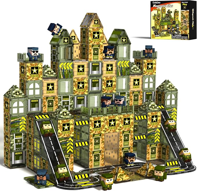 GobiDex 100PCS Army Magnetic Building Blocks Set for Kids Ages 3+ | Military Magnetic Building Blocks with 6 Magnet Army Men, STEM Construction Toys Gifts for Boys Girls 3 4 5 6 7 8 9+ Year Old