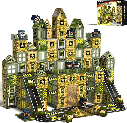 GobiDex 100PCS Army Magnetic Building Blocks Set for Kids Ages 3+ | Military Magnetic Building Blocks with 6 Magnet Army Men, STEM Construction Toys Gifts for Boys Girls 3 4 5 6 7 8 9+ Year Old