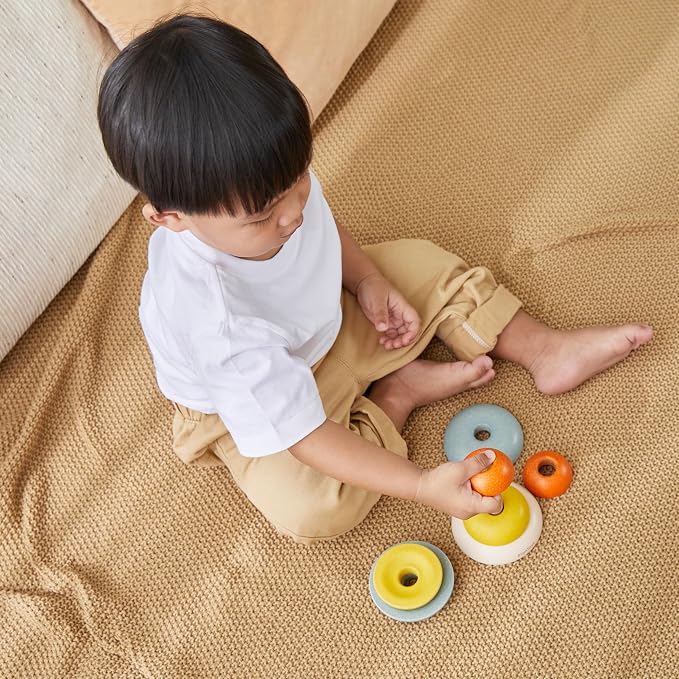 PlanToys® Stacking Cups Ring Wooden Montessori Size Colour Sorting Kids Toy | stacking cups ring, wooden montessori size colour sorting, fine motor early math coordination, educational activity, toddlers