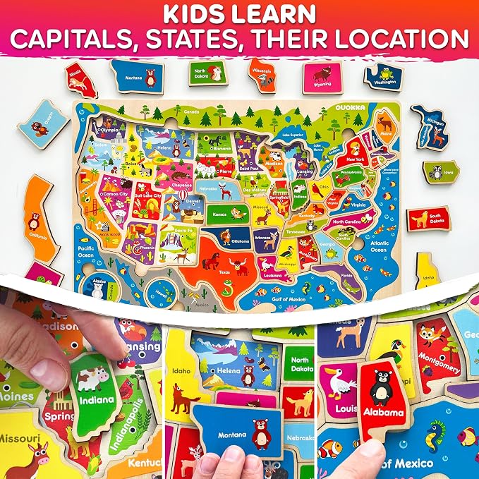 US Map Puzzles for Kids Ages 4-6 - 3 Wooden Toddler Puzzles Ages 3-5 | United States Kids Puzzles Ages 6-8 - Educational Toys for 3 Year Old Boys and Girls - Learning USA Geography for Kids