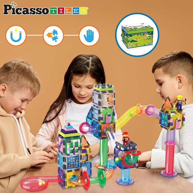 PicassoTiles 650PCS Magnetic Marble Run Tiles and Brick Combo Magnet Tile Building Blocks Magnet Set with Character Action Figures Educational Preschool Learning Toys for Kids Toddlers Ages 3+ PB650