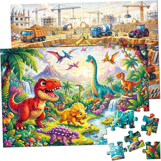 2-Pack Puzzles for Kids Ages 4-6, 60-Piece Puzzles for Kids Ages 6-8, Educational Puzzles for Boys and Girls (Dinosaurs & Construction) | 2-in-1 Dinosaur & Construction Set | Educational Puzzles for Ages 6-8, , Age-Appropriate Learning Toys, Ages 3+