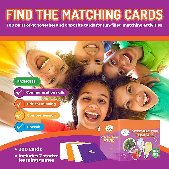 CreateFun 200 Go Together & Opposites Flash Cards for Speech Therapy, ESL | Real Photo Cards with Educational Language Matching Games - Speech Therapy,ELL,Autism,Dementia,Seniors & School Learning Kids