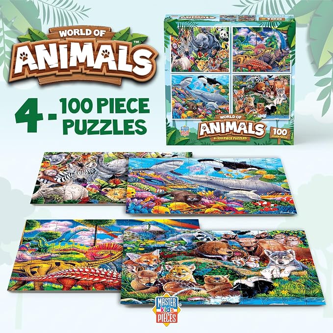 MasterPieces Jigsaw Puzzle Set for Kids, 4-Pack of 100 Piece Puzzles, Educational Animal Theme, Fun Game, Gift Idea, 8" x 10"