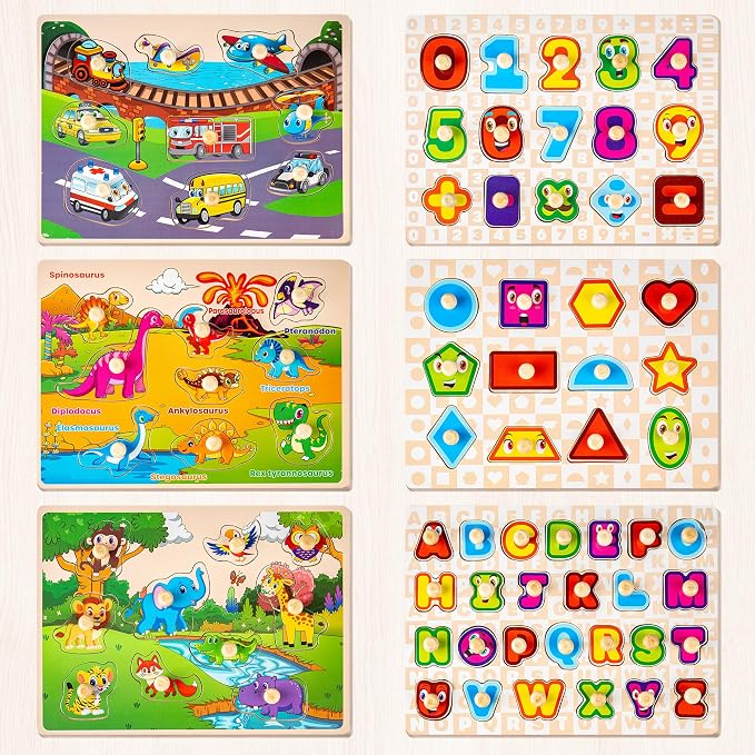 SYNARRY Wooden Puzzles for Toddlers 1-3, 6XSET Puzzles for Toddlers 2-4 with Rack, Learning Alphabet Number Animal Dinosaur Vehicle for Kids, Education Toys for 2 3 Years Boys Girls