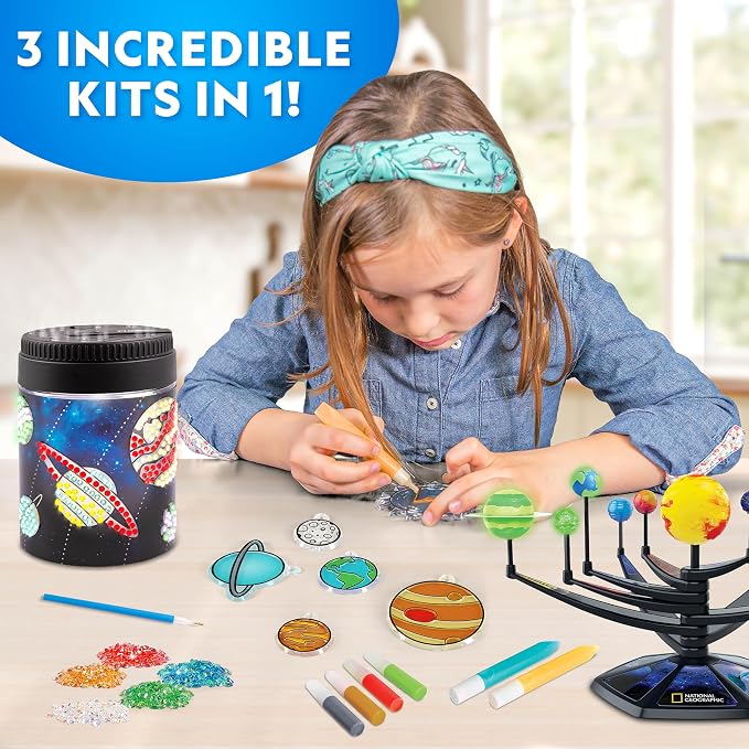National Geographic Ultimate Space Arts and Crafts Activity Kit for Kids | Diamond Painting Night Light, Solar System Model, Stained Glass Suncatcher Window Art, Glow Crafts, Outer Space STEAM