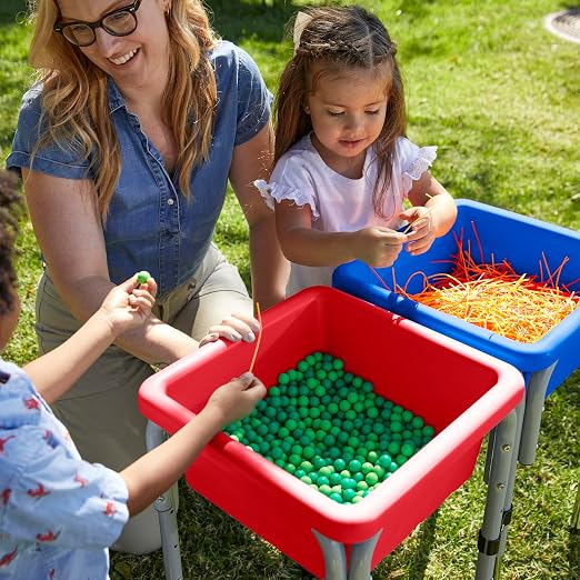 ECR4Kids 2-Station Sand and Water Adjustable Play Table, Sensory Bins, Blue/Red | Durable plastic/steel, GREENGUARD Gold Certified, 3-5 years, 80 lb capacity, adjustable legs, easy-lift lids, indoor/outdoor