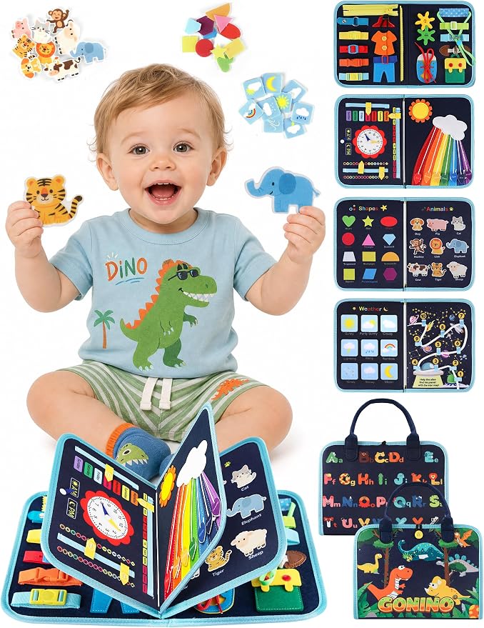 GONINO Busy Book Montessori Toys for Boys, Dinosaur Felt Busy Board | Quiet Activity Book, Preschool Learning Sensory Toys, Fine Motor Skills, Travel Toy for Airplane Car, Boys Birthday Gifts 3+