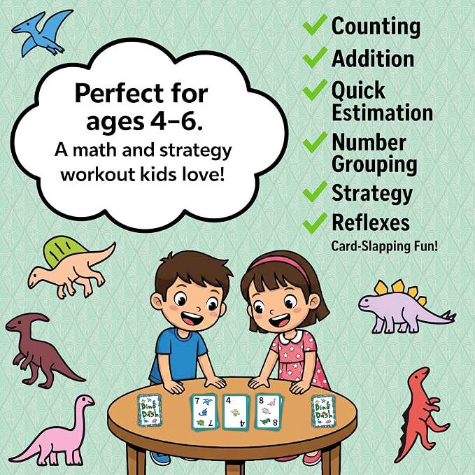 Award-Winning Kids Card Game Ages 4-6 | Fast-Paced Card-Slapping Game | Dino Dash Dinosaur Card Game | Quick-Counting Dino-Slapping Game Fast, Fun, and Frenetic | Brain Games for 2-4 Players