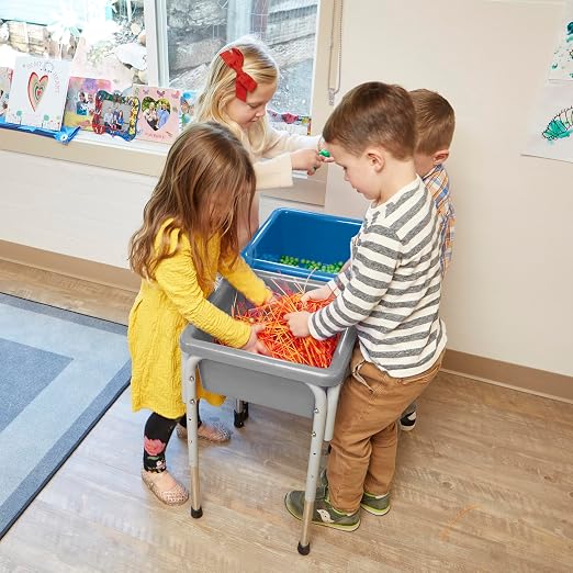 ECR4Kids 2-Station Sand and Water Adjustable Play Table, Sensory Bins, Grey/French Blue | Durable plastic/steel, GREENGUARD Gold Certified, 3-5 years, 80 lb capacity, adjustable legs, easy-lift lids, indoor/outdoor