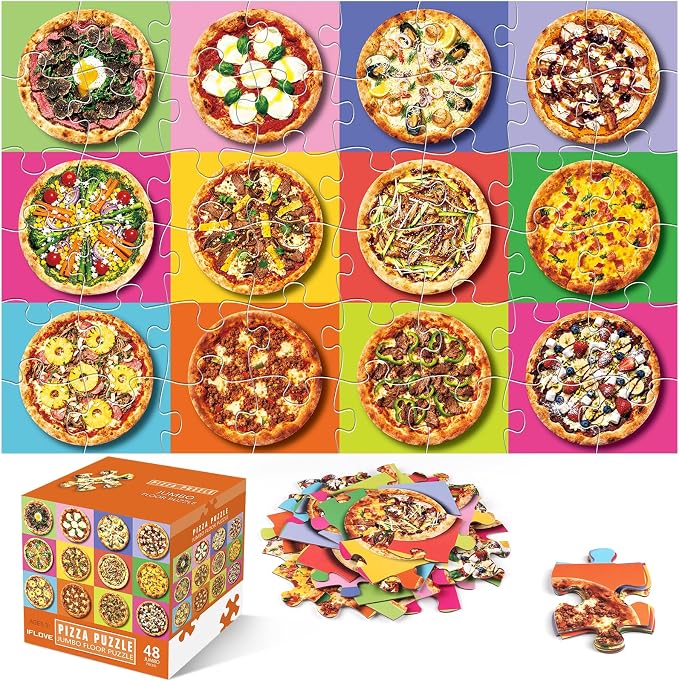 Jumbo Floor Puzzle for Kids,48 Piece Pizza Jigsaw Puzzle Ages 3-8 | Food-themed Learning Puzzle with Colorful Pizza,Extra-thick Cardboard,35x24 in Completed,Gift for Boys and Girls