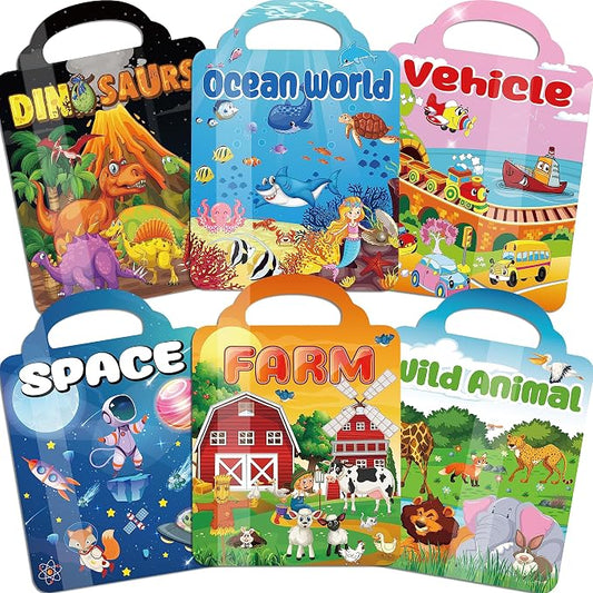 Kalysky 6Set Puffy Sticker Books for Kids 2-4, 3D Reusable Stickers Books for Toddlers 1-3 2-4,Farm+Animal+Dinosaurs+Ocean World+Space+Vehicle