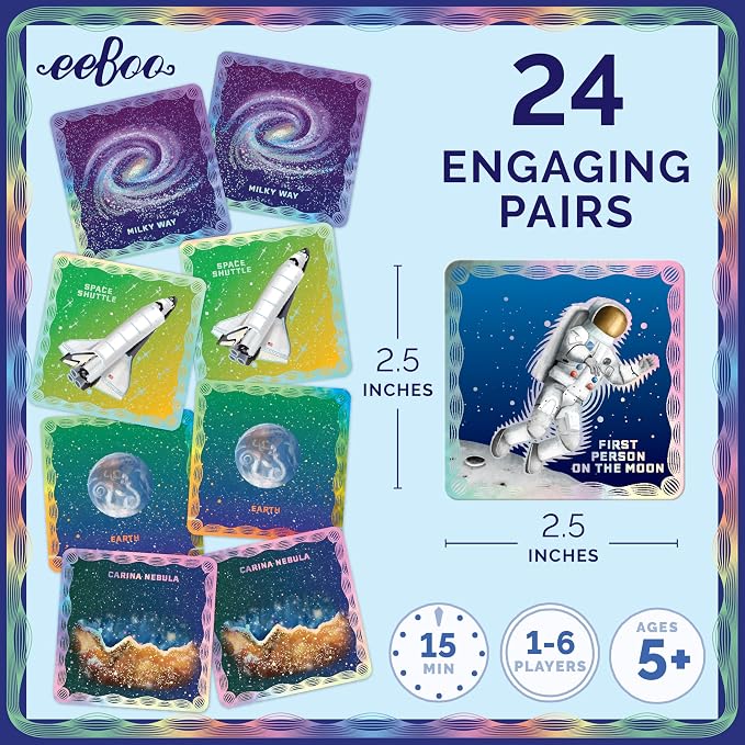 eeBoo Shiny Space Memory & Matching Game, Ages 5+, 1-6 Players | Introduces space & science vocabulary. Sharpens recognition, concentration & memory skills. Includes 48 foil tiles, 24 pairs