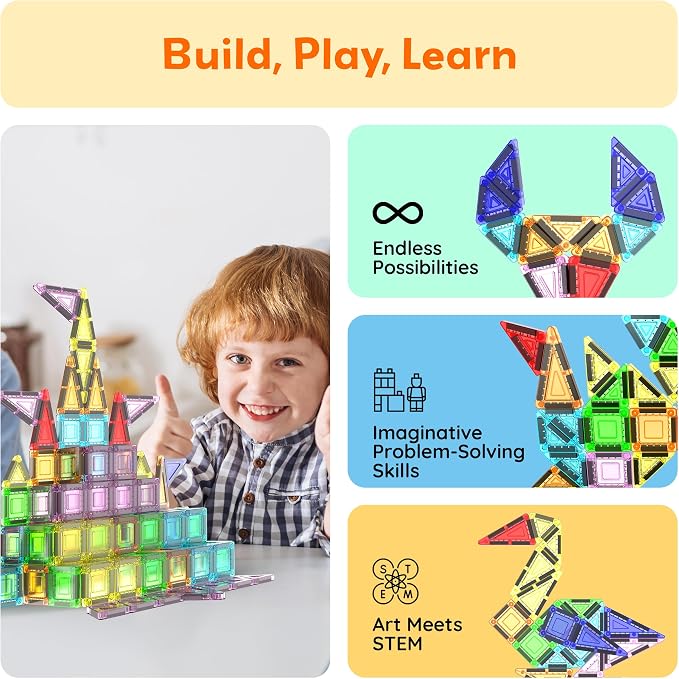 PicassoTiles 65 Piece Magnetic Tiles, STEM Travel Building Set for Kids 3+ | zipper carry pouch bag, portable miniature toy construction, educational Montessori learning, creative birthday gift present