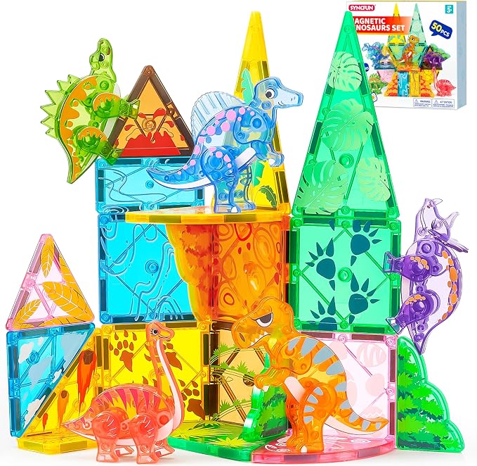 SYNCFUN Magnetic Building Tiles Dinosaur Set for Kids, 50PCS Including 5 Cute Dinosaurs, Educational STEM Toy for Boys & Girls Ages 3-5 4-8, Christmas Birthday Party Gift