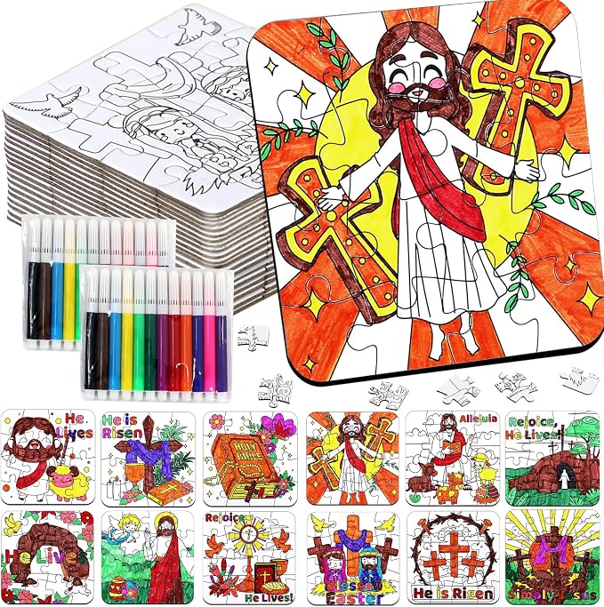 24Pcs Christian Easter Crafts for Kids bulk, Religious Easter Puzzle Activities for Basket Stuffers, Bible Jesus He Lives DIY Arts Jigsaw Kits for Classroom gifts, Spring Party Favors, Coloring Games