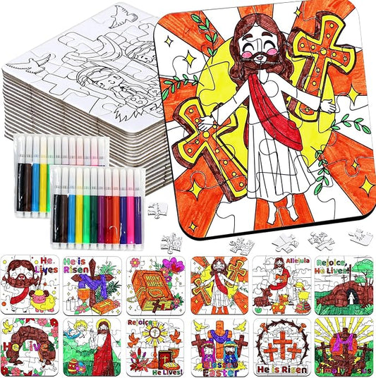 24Pcs Christian Easter Crafts for Kids bulk, Religious Easter Puzzle Activities for Basket Stuffers, Bible Jesus He Lives DIY Arts Jigsaw Kits for Classroom gifts, Spring Party Favors, Coloring Games