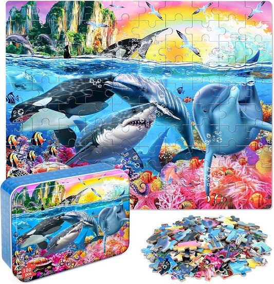 LELEMON Puzzles for Kids Ages 4-6,Underwater World 100 Piece Puzzles for Kids Ages 4-8 in a Metal Box, Educational Jigsaw Puzzles 100 Piece Puzzle Games Puzzle Toys for Girls and Boys
