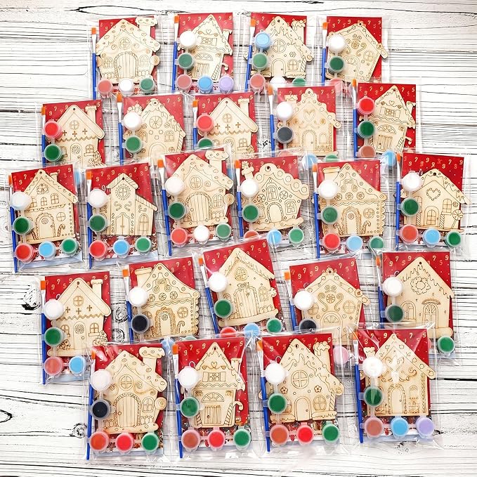 Saypacck 24 Pcs Gingerbread House Party Favors Wooden Paint Craft Kits | 8 Christmas Gingerbread House Crafts, Paintbrush Organza Bags, Christmas Stocking Stuffer Gifts
