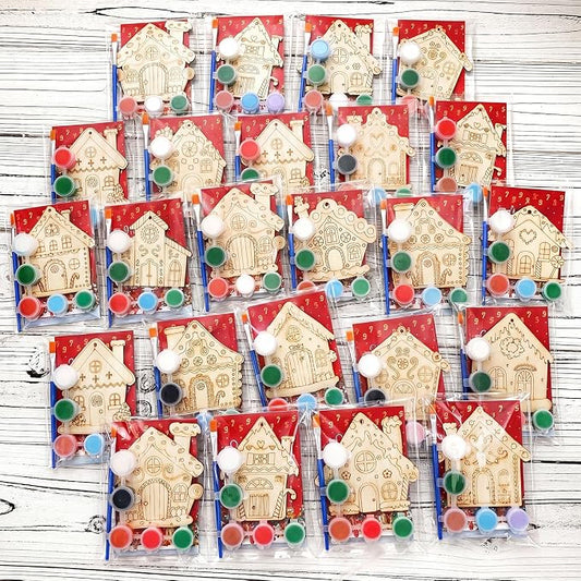 Saypacck 24 Pcs Gingerbread House Party Favors Wooden Paint Craft Kits | 8 Christmas Gingerbread House Crafts, Paintbrush Organza Bags, Christmas Stocking Stuffer Gifts