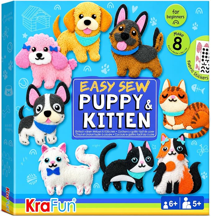 KRAFUN Puppy & Kitten Sewing Kit for Kids Ages 6+ | 8 Dolls | Sew 8 dog & cat stuffed dolls. Instructions & felt included. Great beginner gift for girls & boys learning to sew