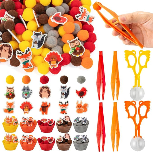 EZdhuawuse Fall Sensory Bin Fillers - 267 Autumn Animals Thanksgiving Fine Motor Toys Sorting Stacking Toys for Kids, Felt Hedgehog Squirrel Turkey for Preschool Education Early Development Activity