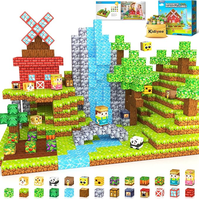Magnetic Blocks, Build Mine Magnet World Forest Farm Edition, Magnetic Building Blocks for Kids Ages 4-6 6-8 8-12, Sensory STEM Toys for Boys & Girls