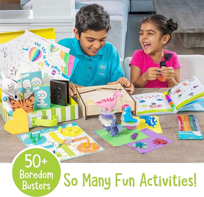 On The Go Box, Road Trip Travel Games Activity Box, Includes Card Games, Craft Kits, and Other 50+ Travel Activities for Kids and Family Ages 4+