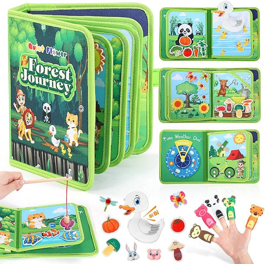 Busy Book for Toddlers 1-3, Montessori Toys Busy Board for 1 Year Old, Upgraded Composite Fabric Animal Forest Quiet Book with Fishing Game, Airplane Travel Essential Activities Birthday Gift Boy Girl