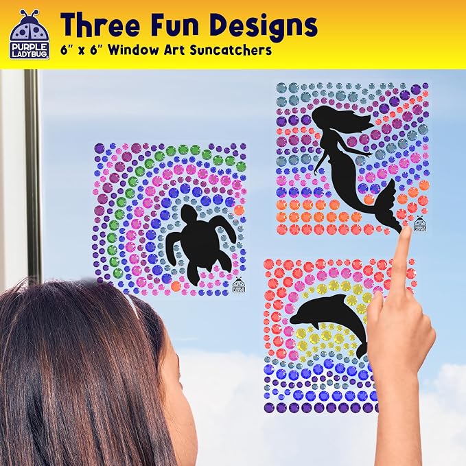 SunGemmers Suncatcher Kit for Kids Ages 5+, Peel & Stick Diamond Gem Art | Mess-Free Window Art Kit for Kids, Screen-Free Activity, Birthday Gifts for Girls, 3 Designs Summer Crafts