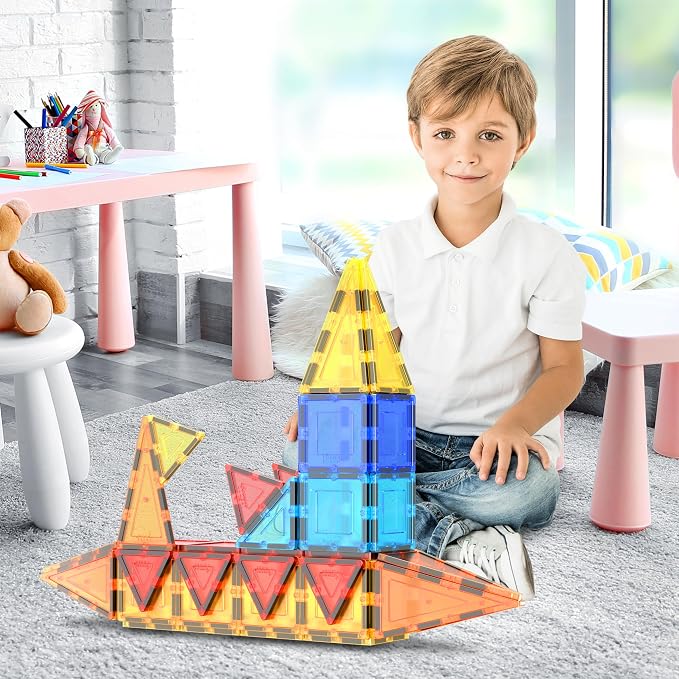 PicassoTiles 60 Piece Magnetic Tiles Clear 3D Building Blocks STEM Ages 3+ | Montessori sensory learning, easy small-hand grip, multiplayer group play fun, preschool classroom gifting, smooth safe edges