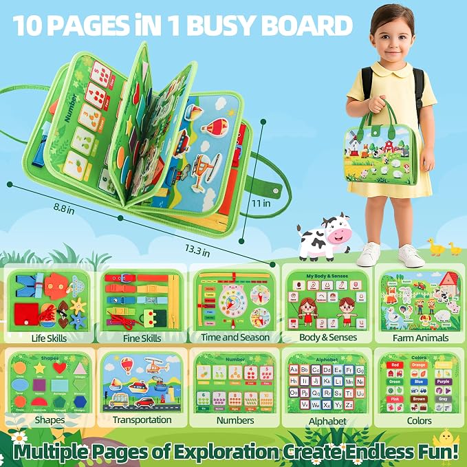 lucdnc Toddler Busy Board Montessori Toys, 10 Pages Felt Activity Book | over 3+ Year Old, Develops Fine Motor Skills, Educational Sensory Travel Toy, Airplane Car