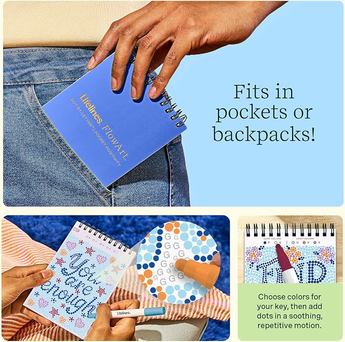 Lifelines FlowArt Mini Activity Pad, 3-Pack - Dot-by-Letter Coloring Books | 15 Double-Sided Markers & 60 Scenes - Guided Art Meditations for Tweens, Adults & Seniors - Dot-by-Letter - Patent-Pending