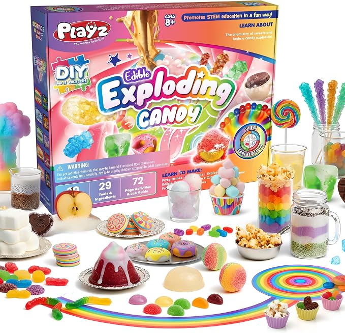 Playz Edible Exploding Candy Making Kit for Kids Age 8-12, 29+ Fun Science | Experiments kit DIY Explosive Chemistry kit for kids Rock, Gummy Chocolate, hard candy maker STEM Toys/gift for Girls & Boys
