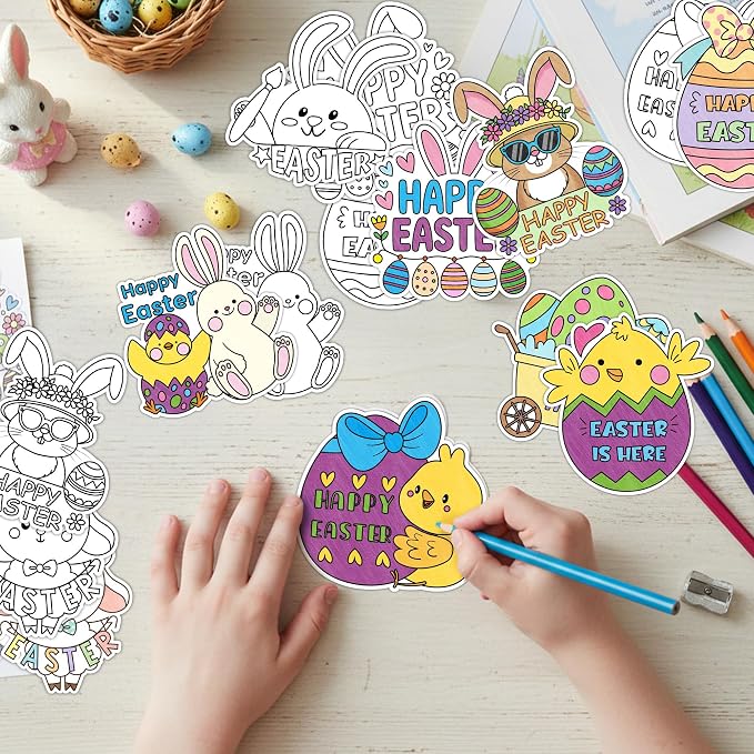 Easter Cartoon Coloring Arts Crafts Kit - 30Pcs Cartoon Color Your Own Magnets for Kids Egg Bunny Sheep Chicken Blank DIY Coloring Magnet for Easter Birthday Party Spring Holiday Favor Basket Supplies