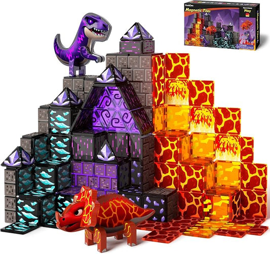 GobiDex Dinosaur Magnetic Tiles Set, Lava Cave Dinosaur Toys for Kids 3+ | Magnetic Blocks Building Set, STEM Construction Toys, Dinosaur World Adventure Playset with Lava Cave Scenes for Kids