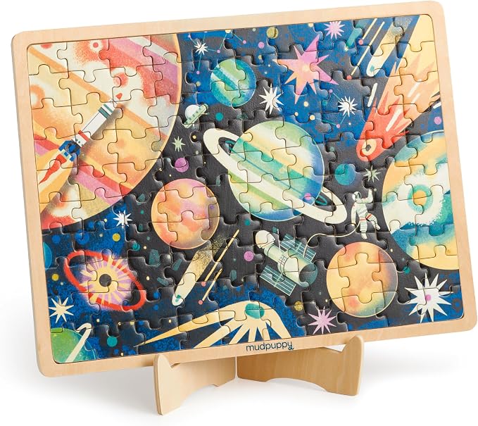 Mudpuppy Space Mission 100 Piece Wooden Puzzle for Kids, Ages 5+ | Outerspace Theme, Bright and Bold Illustrations, Sturdy Pieces, Display Stand Included, Room Décor
