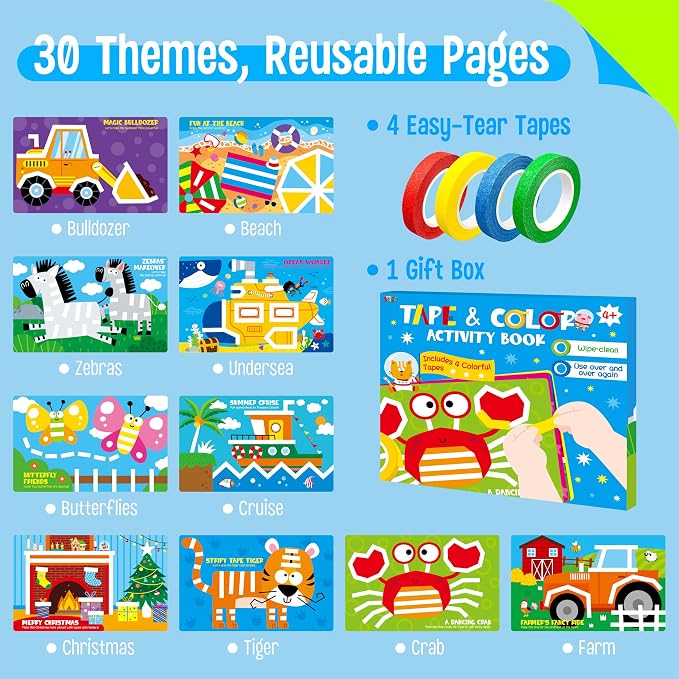 SpriteGru Tape Activity Book, 30 Dry Erase Scenes and 4 Colorful Tapes, Reusable & Erasable Pages and Easy-Tear Tapes, Fun and Creative Game Pad for Road Trip, Travel, At Home