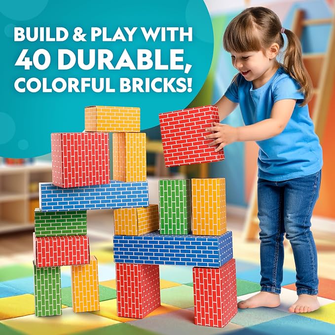National Geographic Kids Jumbo Cardboard Building Blocks 40-Piece Set | Heavy-Duty Bricks in 3 Sizes, Game Spinner, Activity Cards, Indoor Construction Play, STEM Learning, Ages 3+