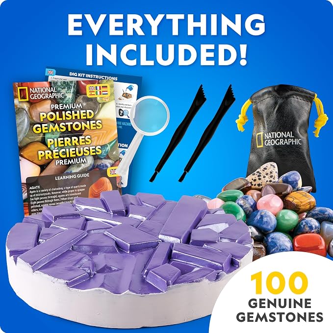 National Geographic Gigantic Gemstone Dig Kit with 100 Real Gems | Giant Dig Brick, Amethyst Quartz and Tiger's Eye, Gem Mining Activity, Excavation Tools, Magnifying Glass, Birthday Gift