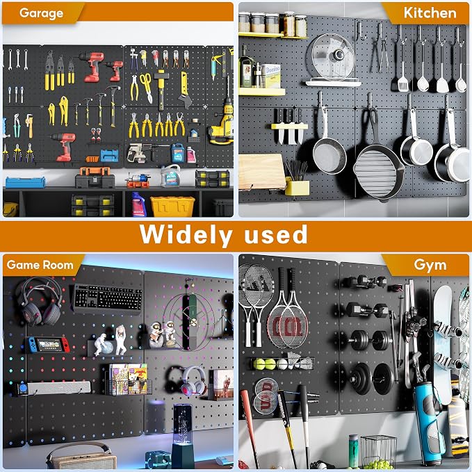 Peg Board, 114PCS Heavy Duty Metal Pegboard with Hooks, 8 Pack Black Peg Board Panels, 60lbs Load Capacity Each, Pegboard Wall Organizer for Garage, Workshop, Kitchen, Craft Rooms