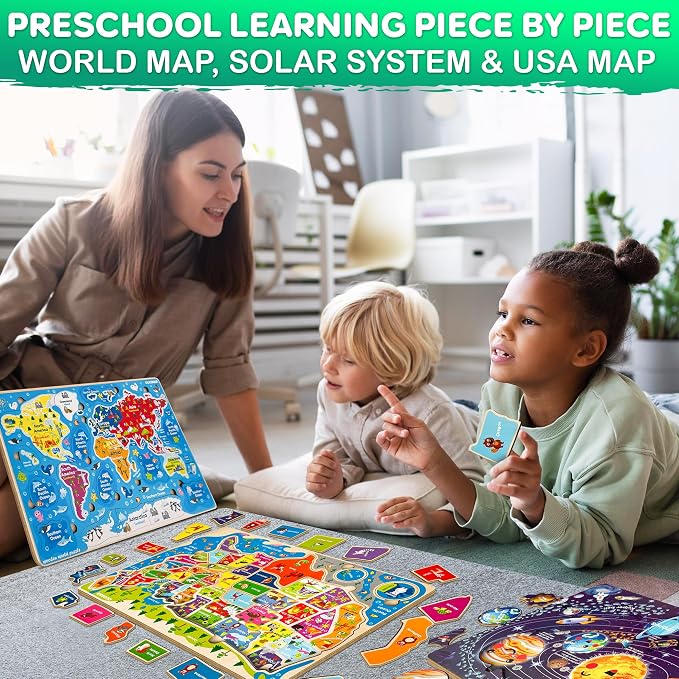 US Map Puzzles for Kids Ages 4-6 - 3 Wooden Toddler Puzzles Ages 3-5 | United States Kids Puzzles Ages 6-8 - Educational Toys for 3 Year Old Boys and Girls - Learning USA Geography for Kids