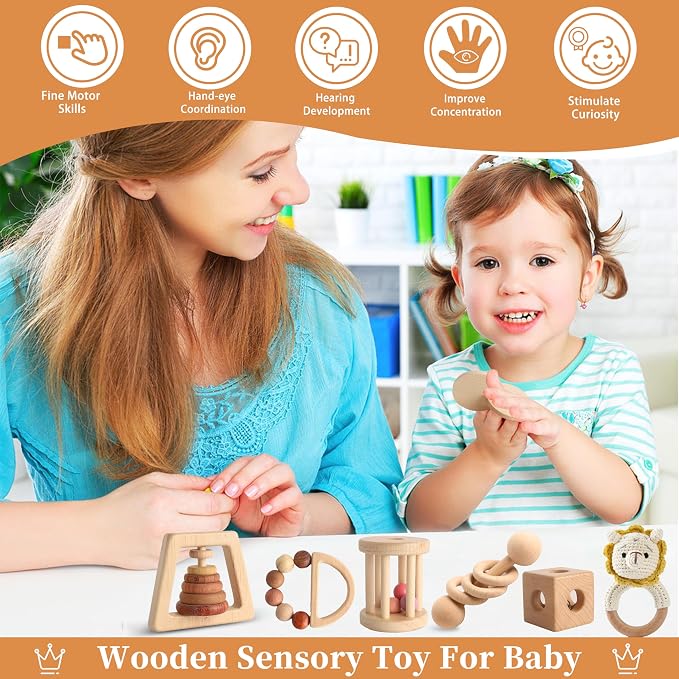 Wooden Montessori Toys 7PCS Wooden Baby Toy for Babies 12-36 Months, Natural Wood Rattle Toy Set with Crochet Lion Rattle, Gift for Infant Boys Girls
