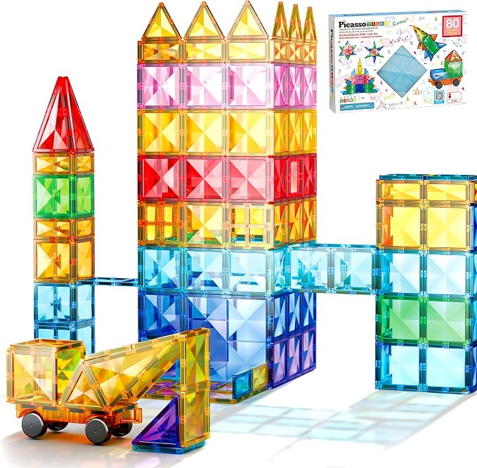 PicassoTiles 80 Piece Magnetic Tiles, STEM Building Set with Car, Ages 3+ | 79 diamond-cut shapes, 1 rolling base, 10 squares, 59 triangles, 10 rectangles, BPA-free, educational learning, creative fun