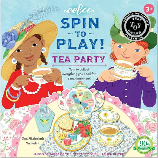 eeBoo Tea Party Spinner Game, Social Skills Game, Ages 3+, 2-4 Players | Develops patience & social skills through imaginative play. Includes spinner, food pieces & fabric tablecloth. 15-30 min game