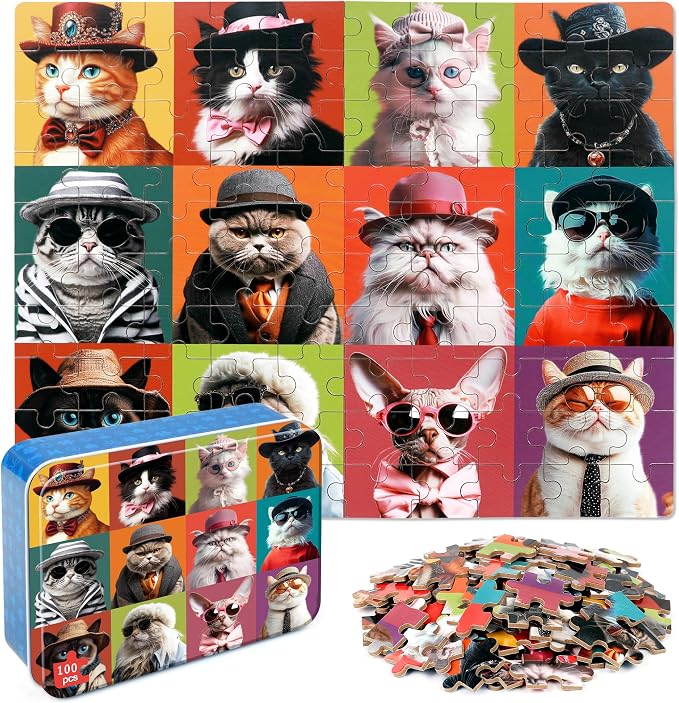 LELEMON Cat Puzzles for Kids Ages 4-8,100 Piece Colorful Kitty Kitten Cats Jigsaw Puzzle for Children,Learning Educational Toys for Boys and Girls